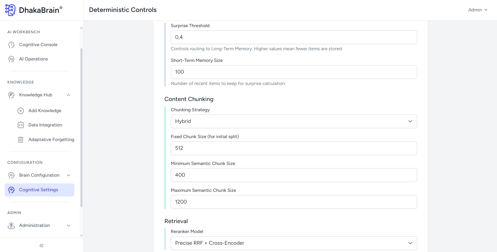 Screenshot of DhakaBrain Cognitive Settings UI